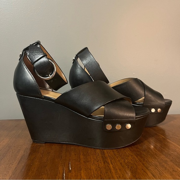Marc Fisher Chic Black Leather Wedge Sandals. Women’s size 6.5 - Picture 2 of 13